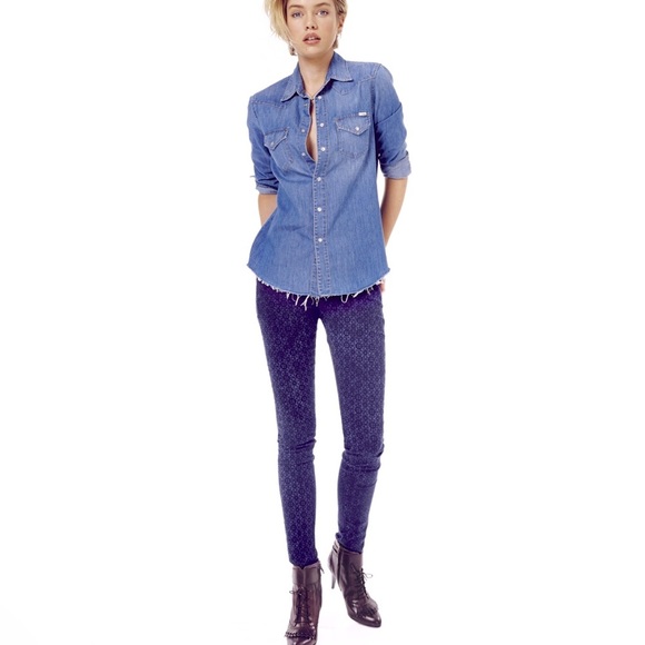 NWT MOTHER THE LOOKER Foulard Me Once Skinny Jeans Blue Tile Print 26 MSRP $228 - Picture 1 of 8